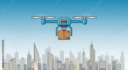 Illustration of a drone delivering a package over a cityscape background with blue sky showing
