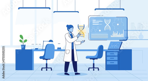 Illustration of a female scientist in a modern laboratory researching and analyzing DNA structure