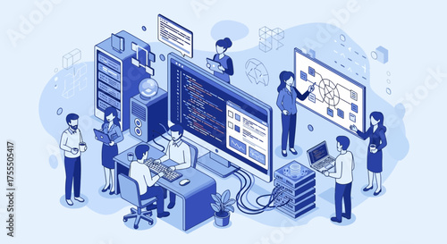 Isometric illustration depicting a software development team working collaboratively on project