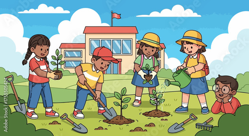 Illustrative scene of diverse children planting trees in schoolyard symbolizing environmental