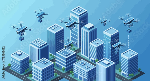 Isometric illustration of drone delivery in a modern city, showcasing technology integration and