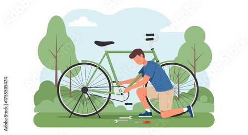 Man repairing his bicycle in the park with green trees in the background outdoor activity and