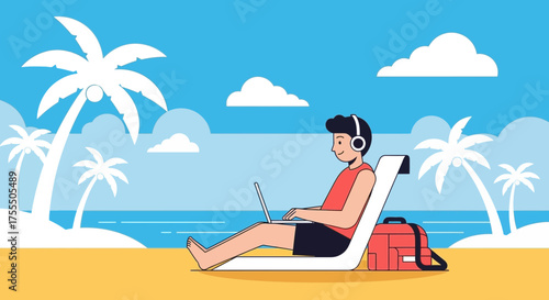 Man working remotely on a beach with palm trees, headphones and laptop showing the freedom of