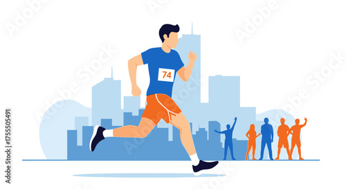 Man running in a marathon with supporters cheering in the background cityscape view