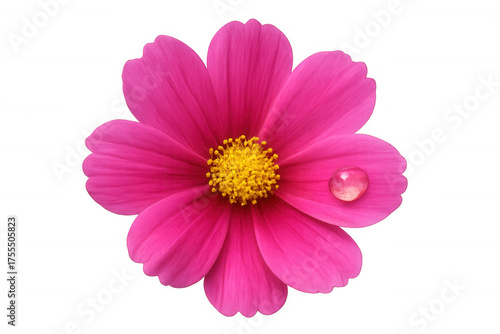 Pink cosmos flower with water drop on petal, isolated on transparent background, symbolizing freshness and nature