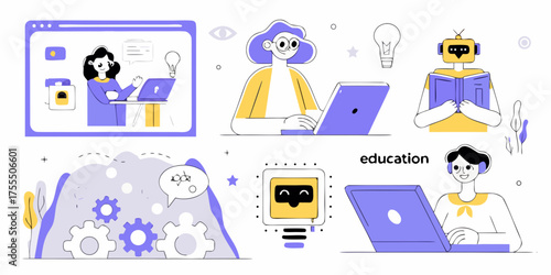 Modern education and technology concept with people and robots learning and working together