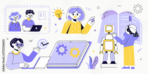 Diverse group of people engaged in learning and technology development with robots and laptops