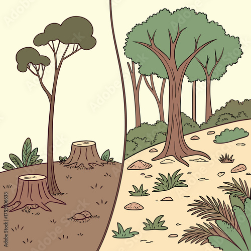 vector illustration of a tree Vector concept of deforestation vs reforestation, before and after comparison, environmental awareness