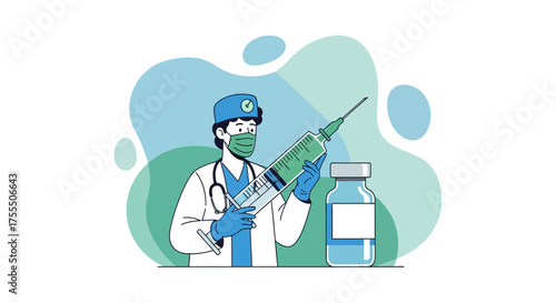 Doctor Prepares Vaccine Illustration Depicting Medical Procedure With Syringe And Vial