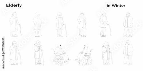 Collection of stylized line drawings representing elderly people in winter clothing with canes and wheelchairs