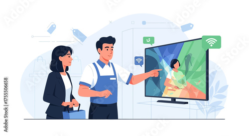Consumer Demonstrating New Television Technology With Salesperson In An Electronics Store