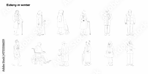 Collection of stylized line art illustrations of elderly people dressed for winter weather and using mobility aids