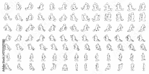 Collection of hand drawn sketch figures in various seated and standing poses and silhouettes