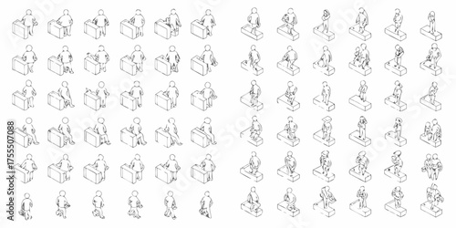 Collection of isometric line art figures with luggage and on platforms in various poses