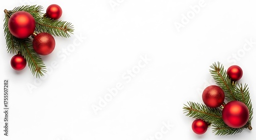 Two clusters of red Christmas ornaments and fir tree branches arranged in opposite corners on a white background.