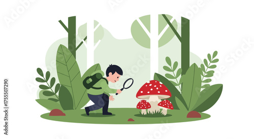 Exploring Nature: A Curious Child Inspects Forest Mushrooms With Magnifying Glass