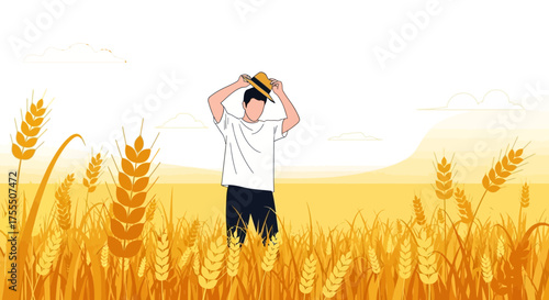 Farmer In Wheat Field: A Serene Summer Day Of Harvest And Agriculture