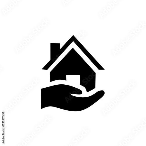A black silhouette icon of a hand holding a house, symbolizing home insurance, real estate services, property protection, mortgage, or charitable housing.