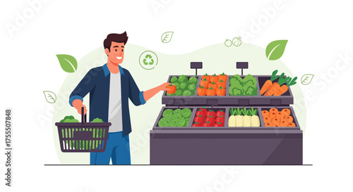 Customer Choosing Fresh Vegetables At Grocery Store, Buying Healthy Foods For Wellbeing