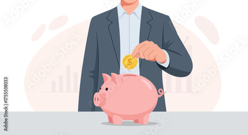 Financial Future: A Person Investing Money Into A Piggy Bank, Accumulating Savings