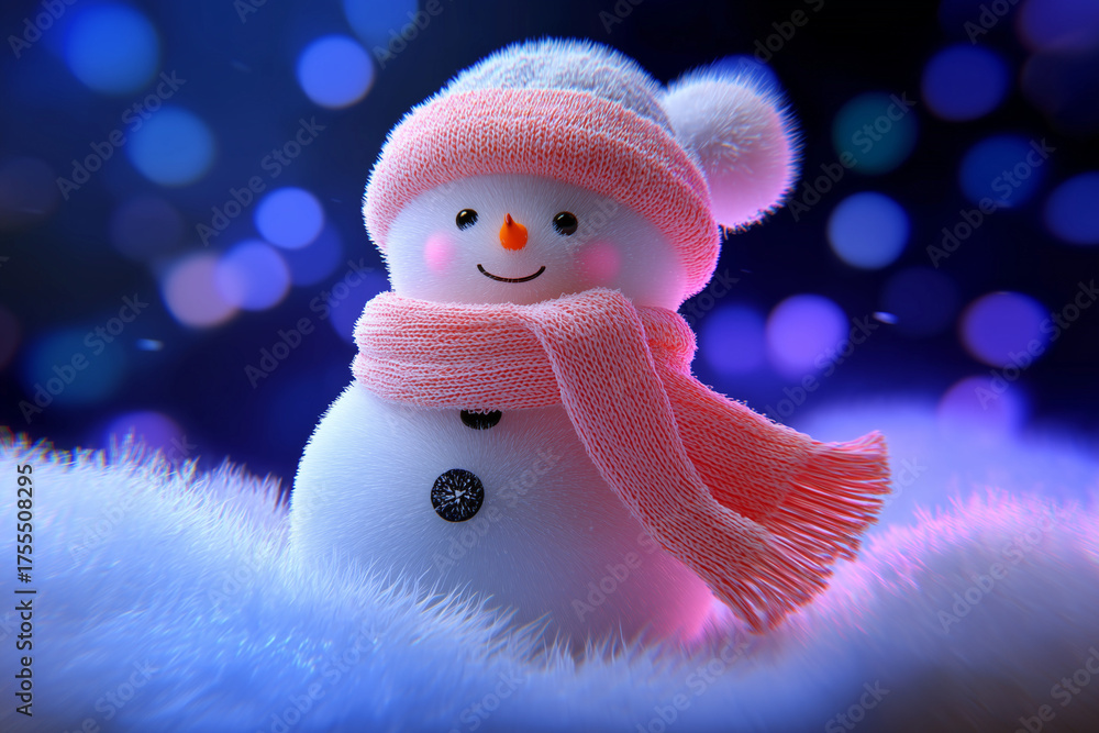 Obraz premium 夜のイルミネーションに照らされた笑顔の雪だるま