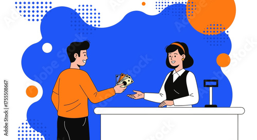 Financial Transaction Illustration: Currency Exchange in a Modern and Stylized Setting