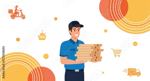 Delivery Person Giving Pizza Boxes Ready For Fast Food Shipment to Customer at Home