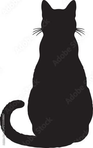 A black cat silhouette viewed from behind sitting calmly on a white background isolated on white background