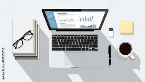 Top-down view of a laptop displaying data analytics on a desk with books, glasses, and coffee, emphasizing productivity