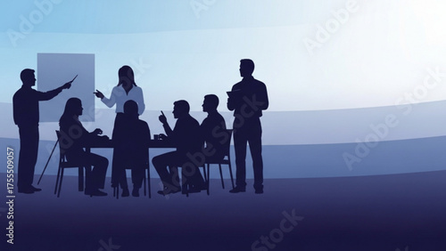 Business team meeting silhouette against a gradient background, planning, discussing, and brainstorming ideas