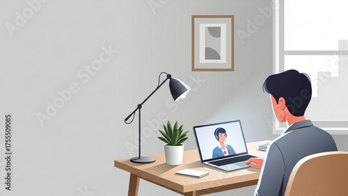 Online communication A man attending a video call on his laptop in a modern office setup