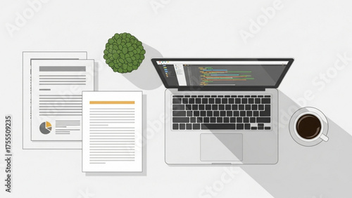 Top-down view of laptop with code, documents, coffee, and a plant on a desk, ideal for productivity and work-from-home setups