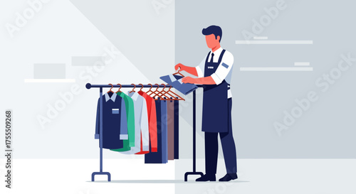 Dry Cleaner Stands Beside Rack Of Clothes Preparing To Fold A Garment Efficiently