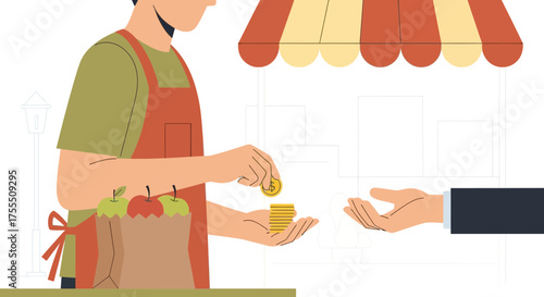 Fresh Produce Seller Taking Payment For Apples From Customer At The Farmer's Market