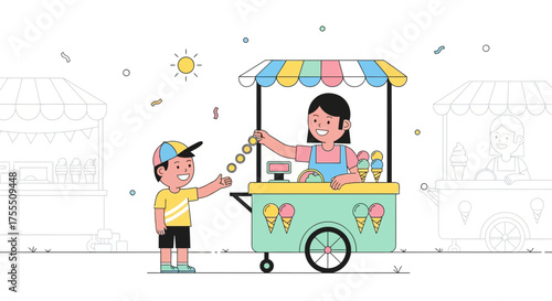 Friendly Vendor Selling Refreshing Ice Cream To A Happy Customer At The Market