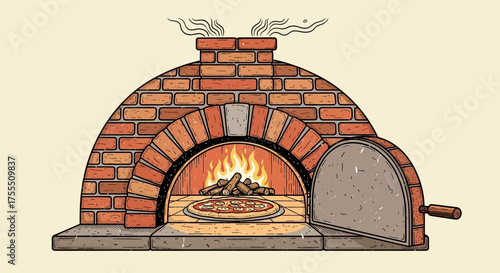 Traditional Brick Pizza Oven Illustration – Wood Fired Oven with Pizza Inside