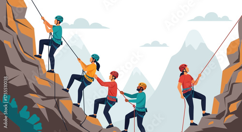 Group Of Adventurous Climbers Ascending a Rocky Mountain, Demonstrating Support and Perseverance