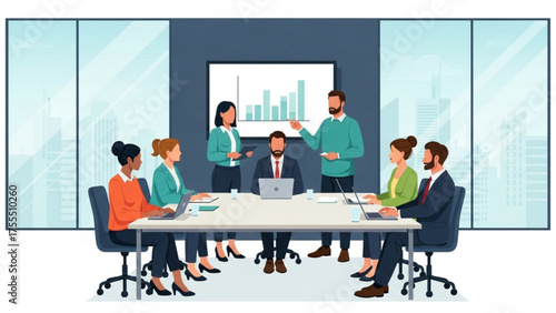 Business professionals in a boardroom meeting discussing strategies and analyzing data for company growth and success