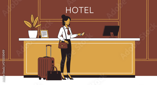 Hotel Receptionist Welcoming Guests At The Check-In Desk With Luggage Cartoon Illustration