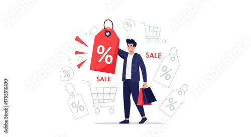 Enthusiastic Shopper Presenting a Major Discount Tag in Shopping Bonanza