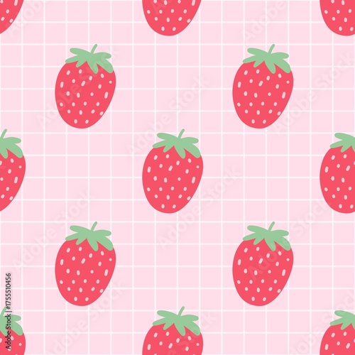 Wallpaper Mural Strawberry pattern background. Cute red strawberry pattern with soft pink grid backdrop. Seamless fruity and sweet design, perfect for summer, kawaii, and aesthetic projects. Torontodigital.ca