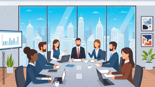 Successful corporate meeting with diverse team in a modern office, planning and collaboration concept