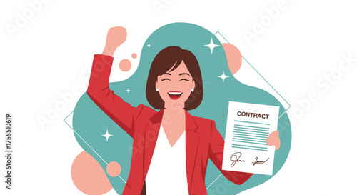 Excited Woman Celebrating a Deal After Signing the Contract with Modern Graphic Illustration