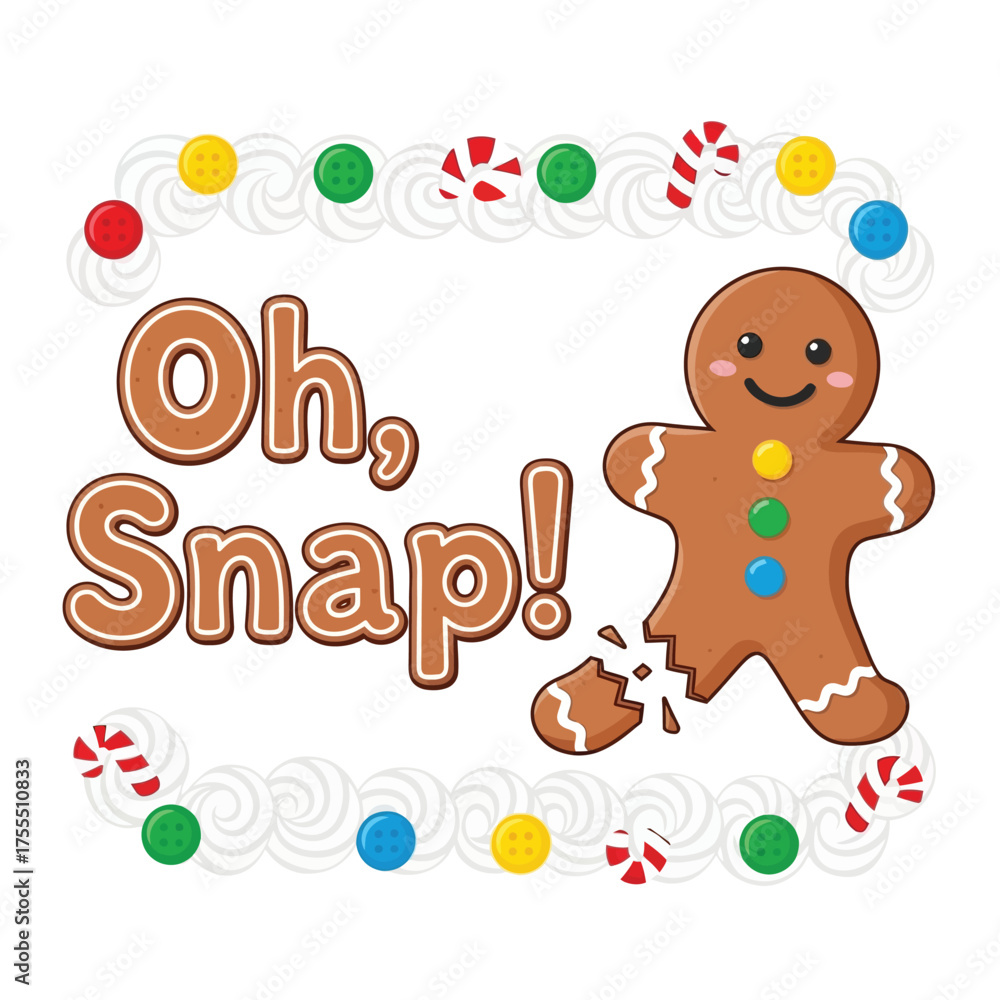 Fototapeta premium Cute Gingerbread Man with Broken Leg and Oh Snap Text in Festive Frame.