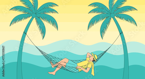 Illustrative Tropical Scene Depicting Leisure and Relaxation Underneath Palm Trees at Seaside