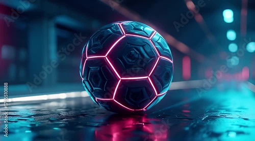 Glowing futuristic soccer ball with neon pink lines in a dark wet urban environment symbolizing technology and competitive sport