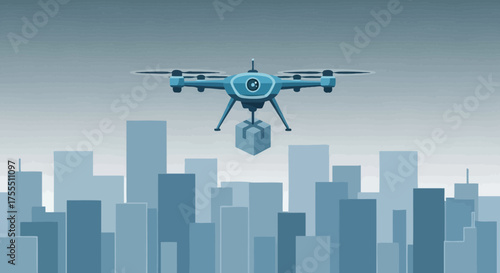 Modern drone delivery service concept over city skyline with package transport system