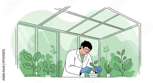 Scientist Examining Plant Growth in a Greenhouse Laboratory for Agricultural Research