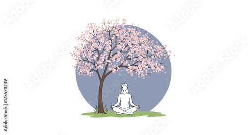 Serene meditation scene under blossoming cherry tree with woman in lotus position evokes