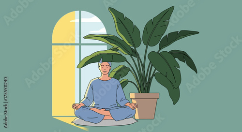 Serene morning meditation a peaceful moment with nature indoors vector illustration